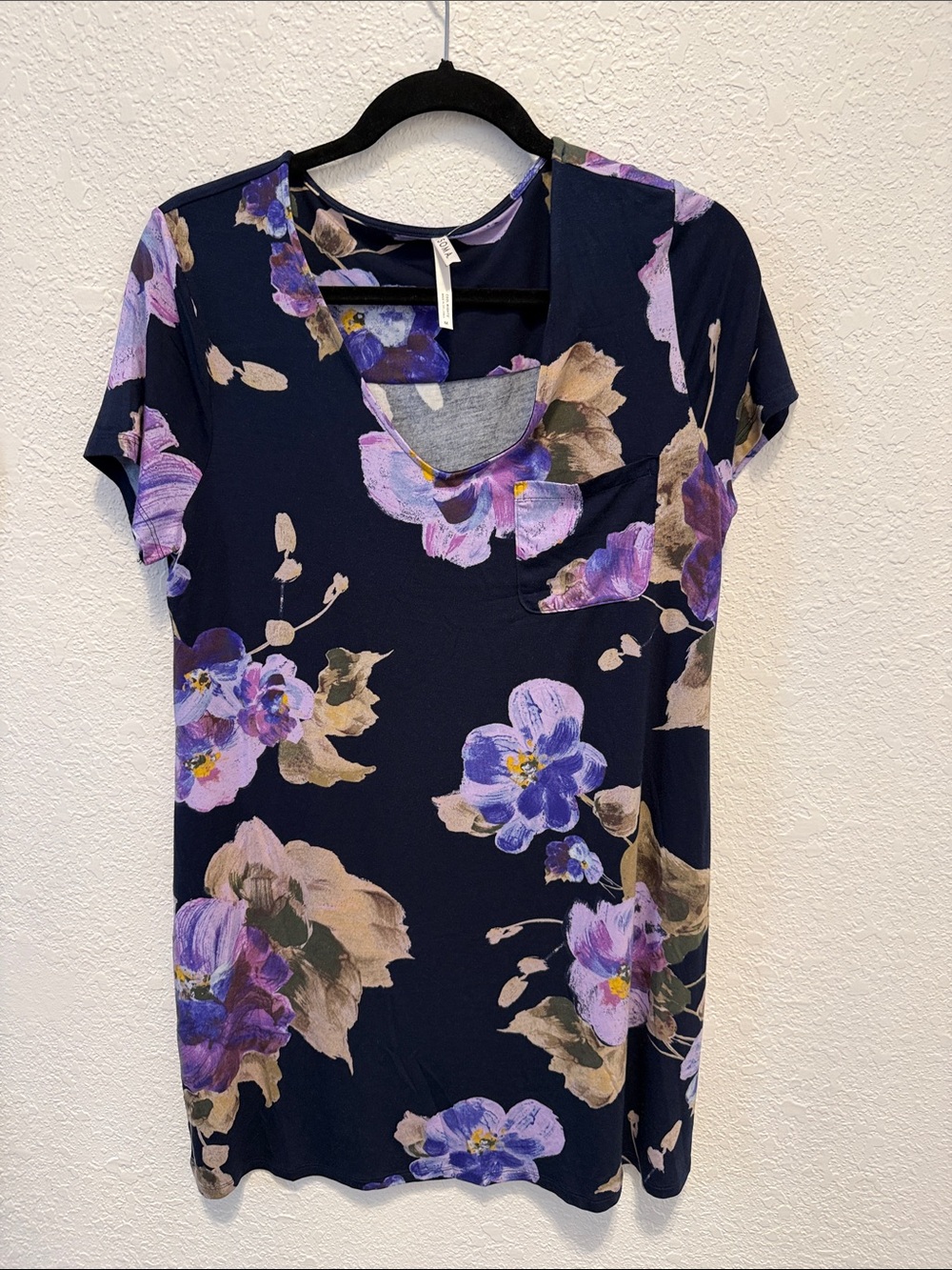 Soma Navy Floral V-Neck Pocket Tee with Purple & Cream Blooms